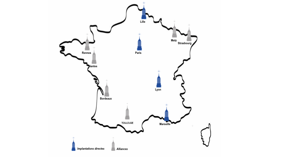 Carte de nos implantations en France. Implantations directes : Lille,Paris,Lyon,,Marseille. Alliances : Metz,Strasbourg,Rennes, Nantes,Bordeaux,Toulouse